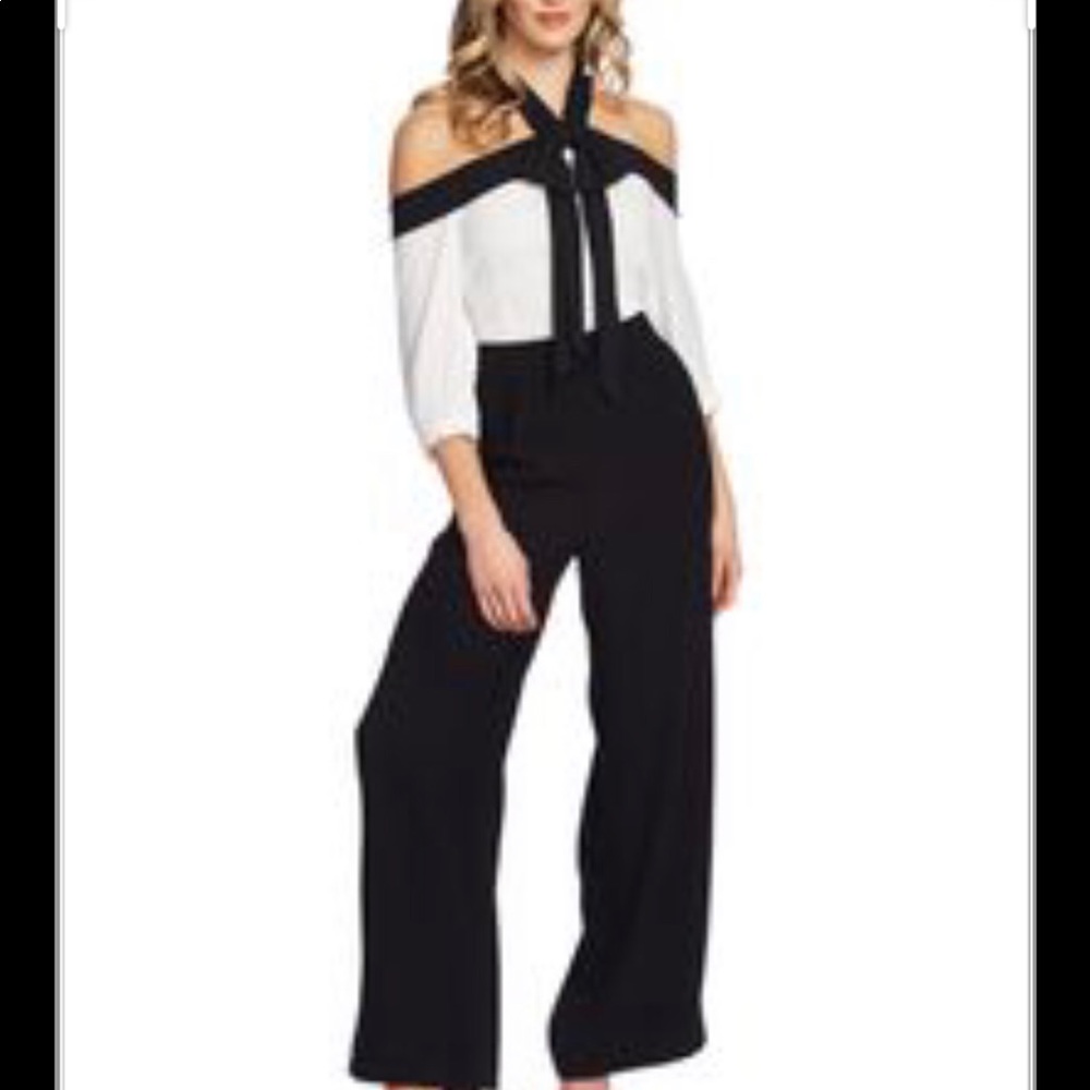 cece cold shoulder tie neck jumpsuit